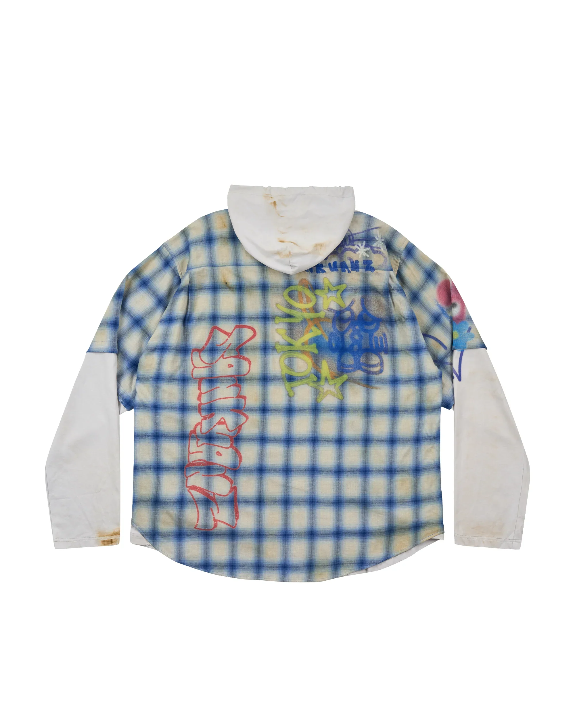 Sankuanz Bumpy Graffiti Print Layered Plaid Hooded Sweatshirt Navy - Image 3